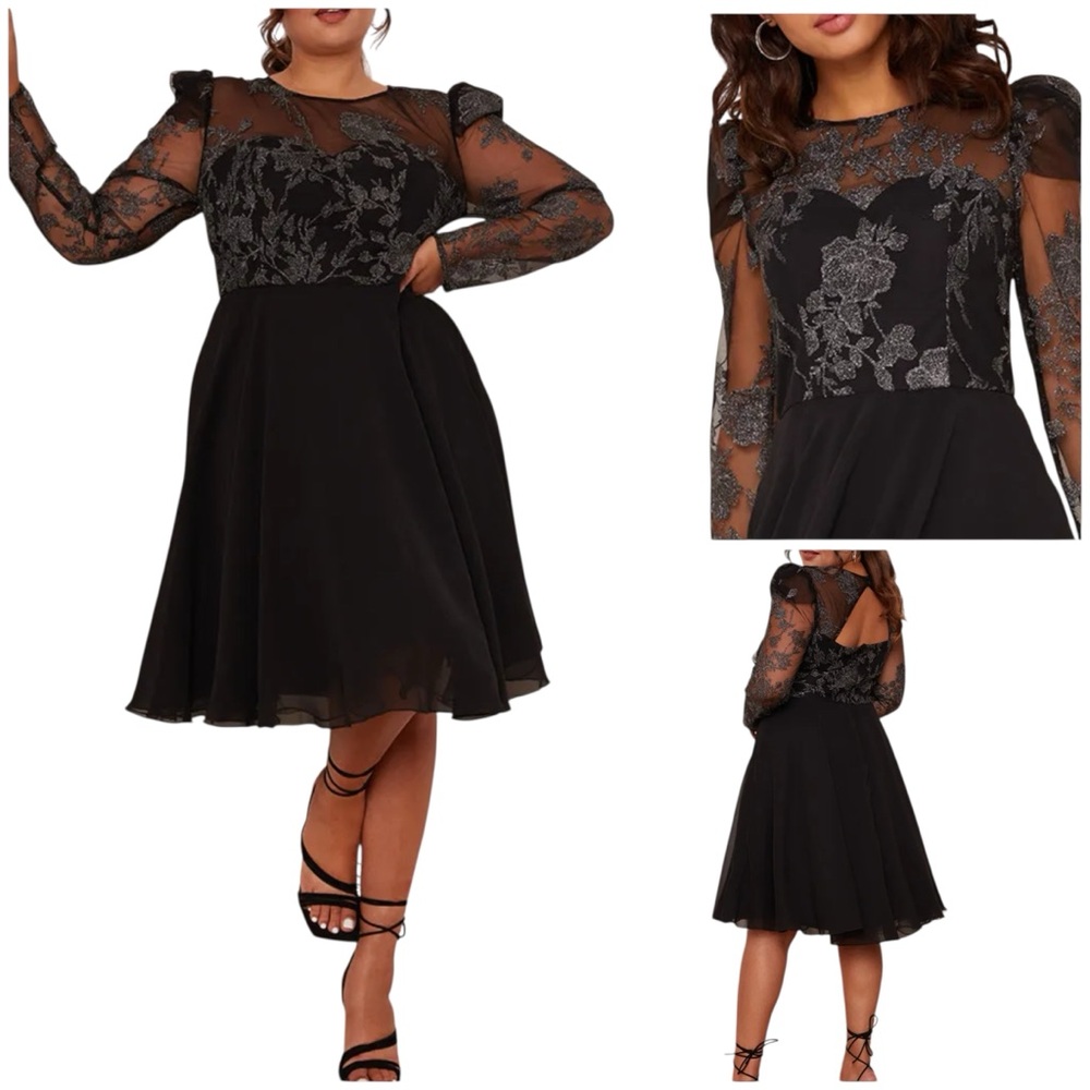 NWT Chi Chi London Long Sleeve Embroidered Midi Dress in Black Size 12